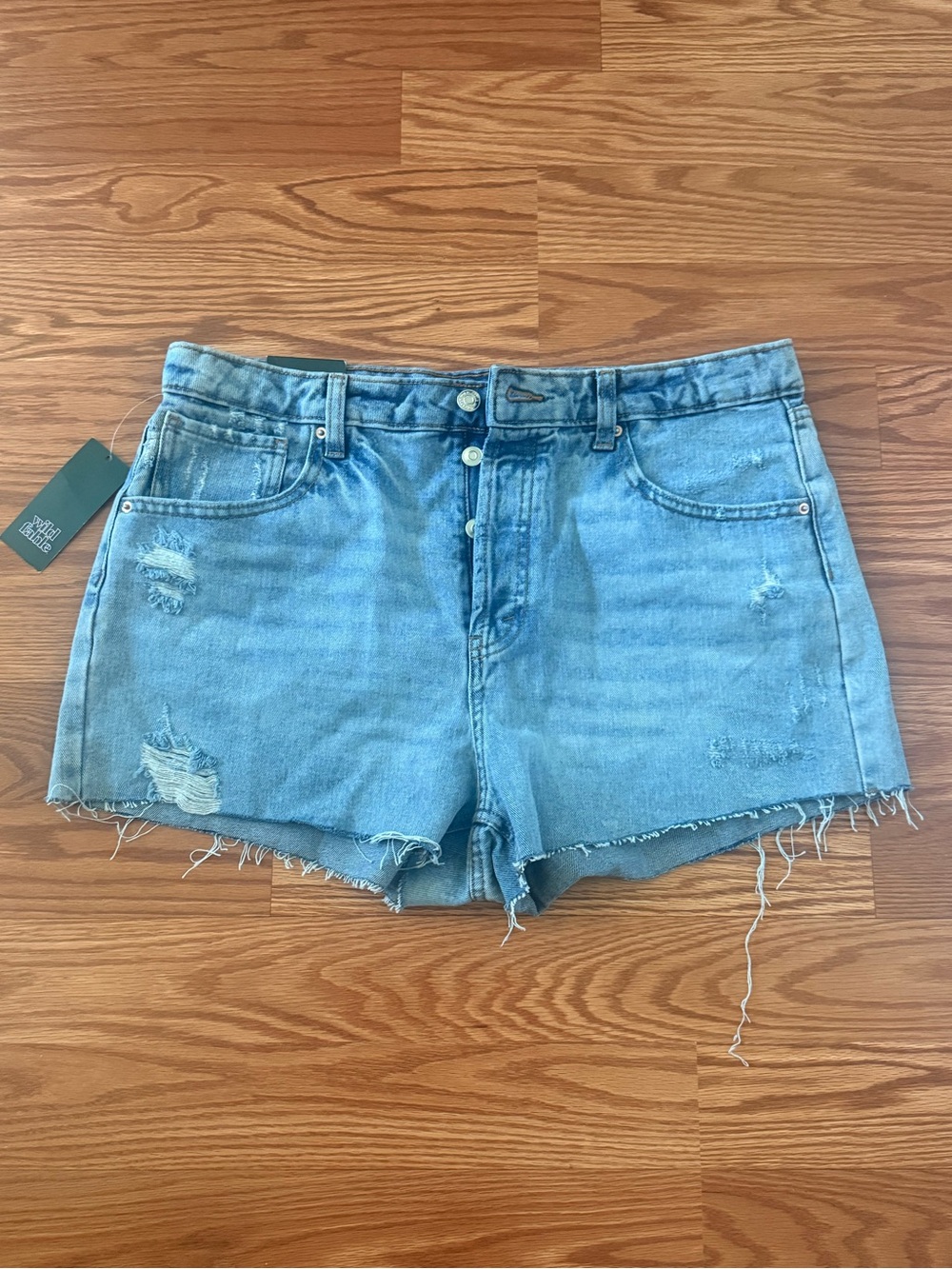 Medium Wash Distressed High-Rise Denim Shorts